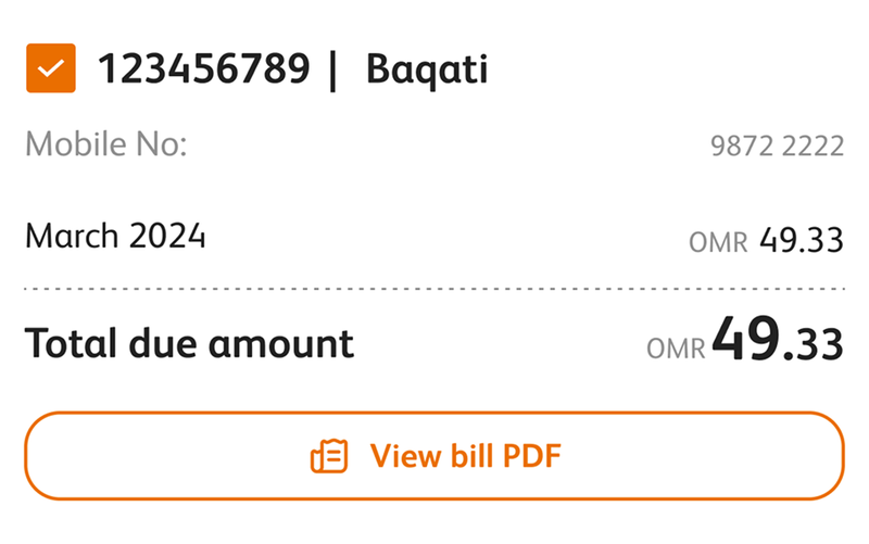 Two bills grouped by phone number, each showing the billing month, total due and a link to the invoice PDF.